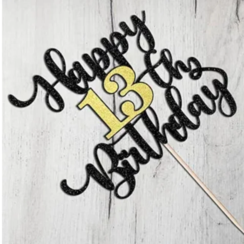 Black and Gold Happy 13th Birthday Cake Topper Lot Of 2 Packs